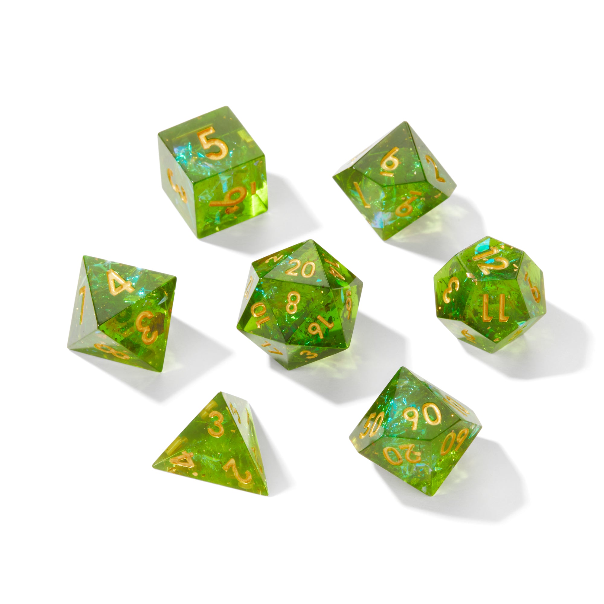 KIT 7 DADOS PARA RPG E TABULEIRO MODELO GREEN GOLD OIL PEARL CÓDIGO 705