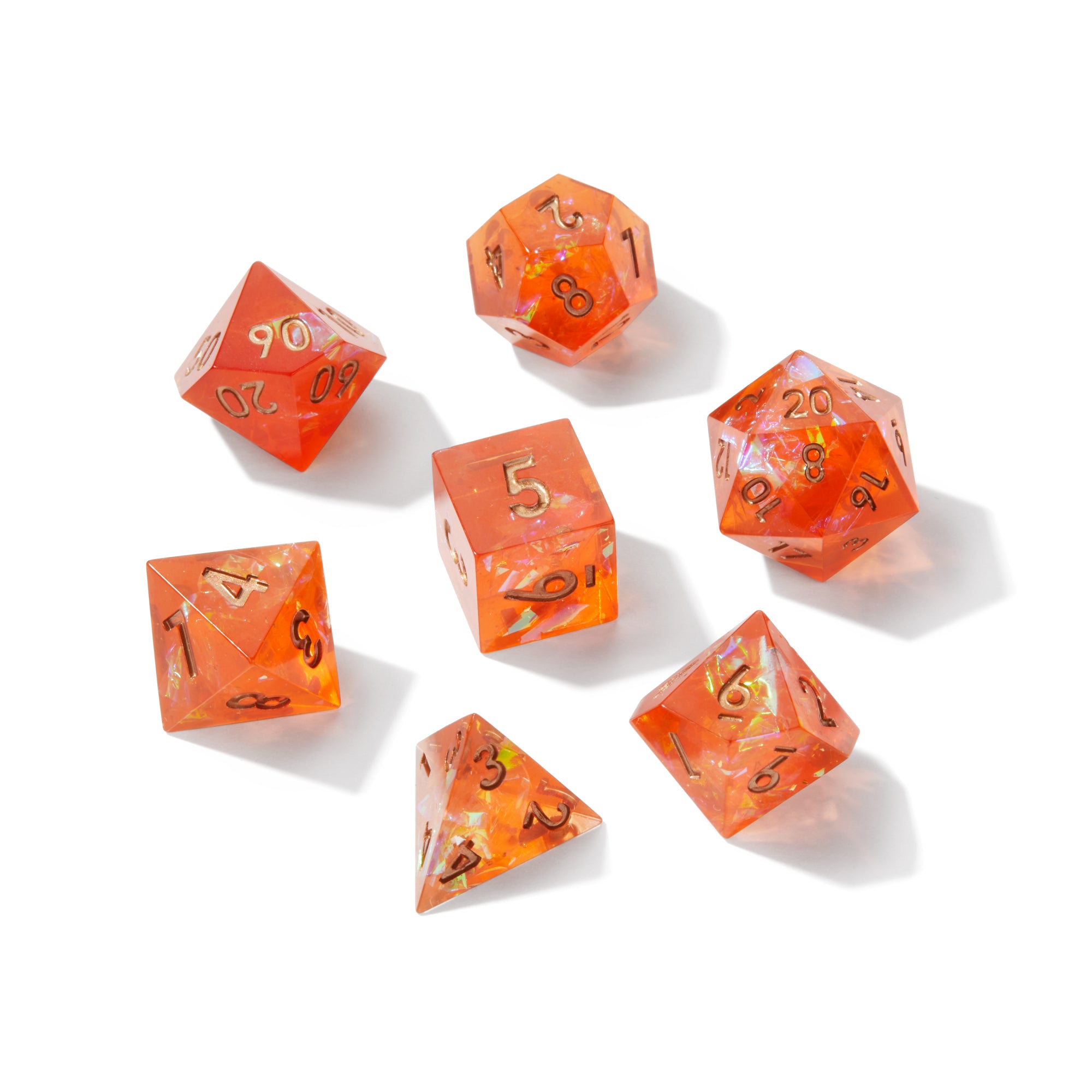 Orange Inferno Crackle Sharp Edge Resin 7pc Dice Set