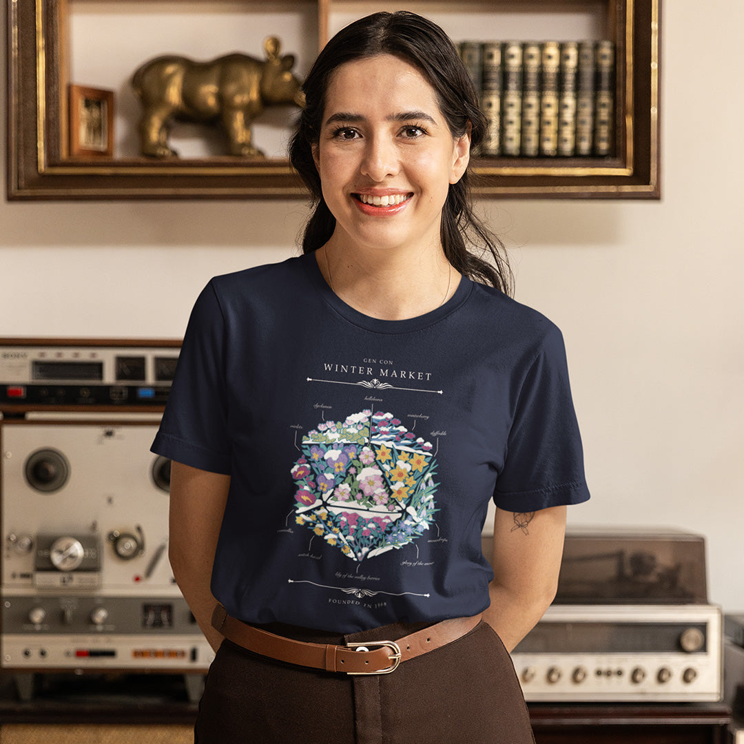 Navy Gen Con Winter Floral d20 Femme T-Shirt in an Office| Rollacrit