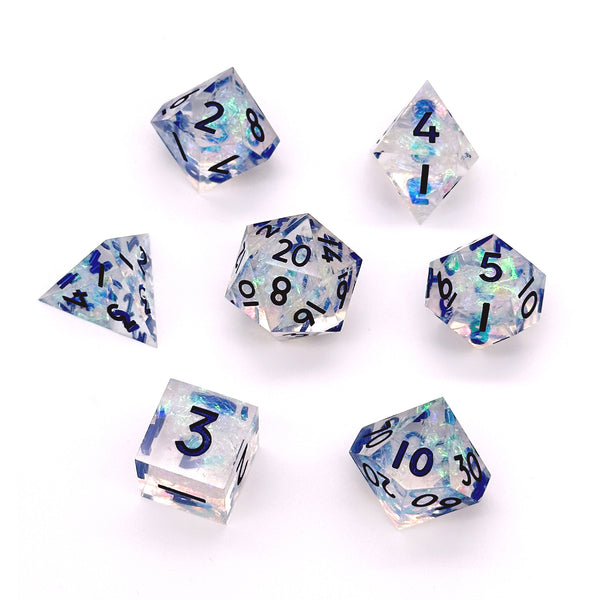 Xanthous Aurous - 7 piece handmade sharp edge dice set + good crystal D4