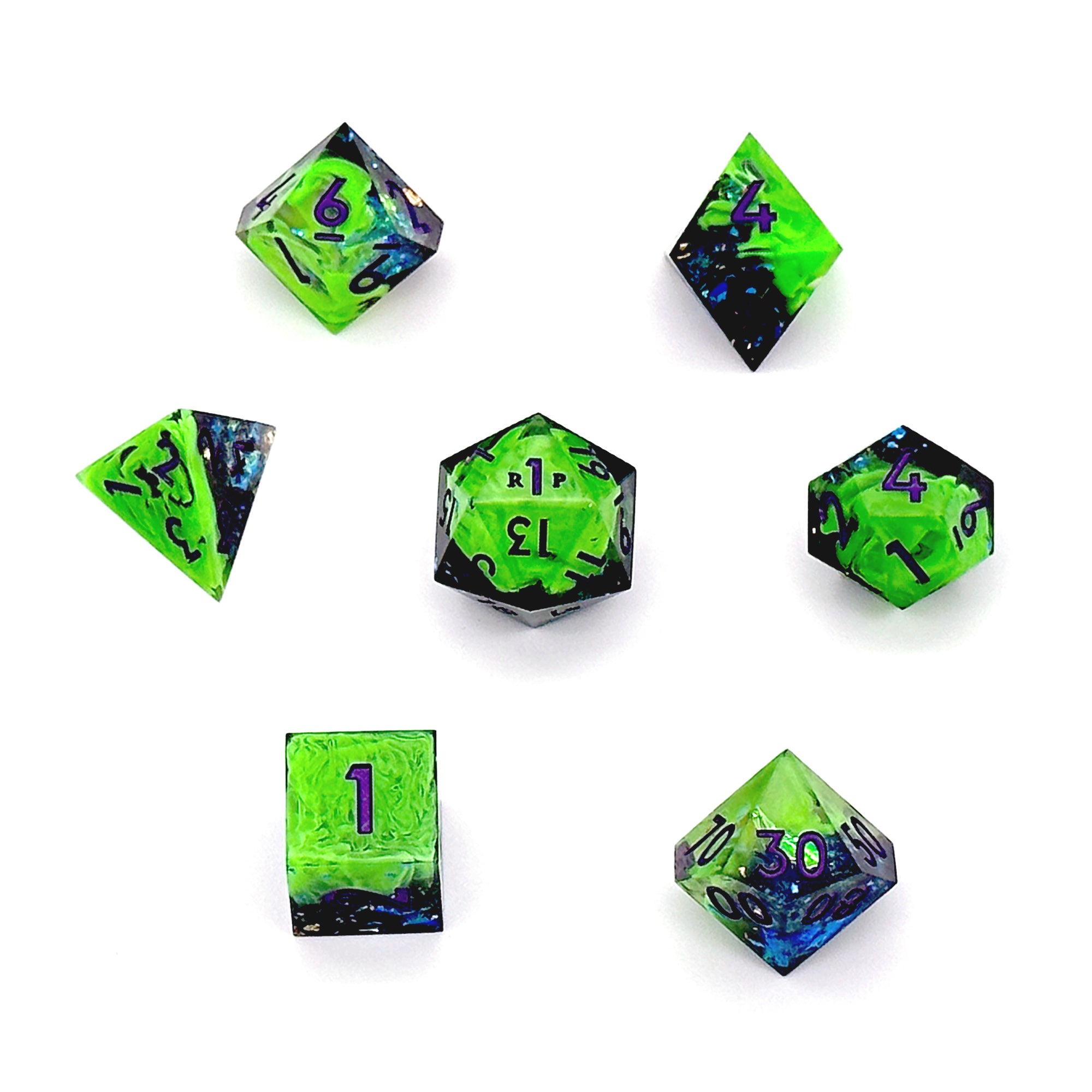 Tasha's Green Mist Custom Sharp Edge Resin 7pc Dice Set | Rollacrit