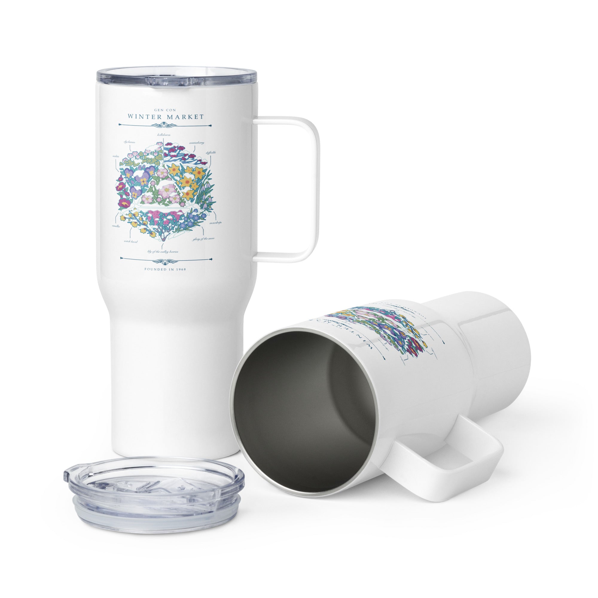 Gen Con Winter Floral d20 Travel Mug | Rollacrit