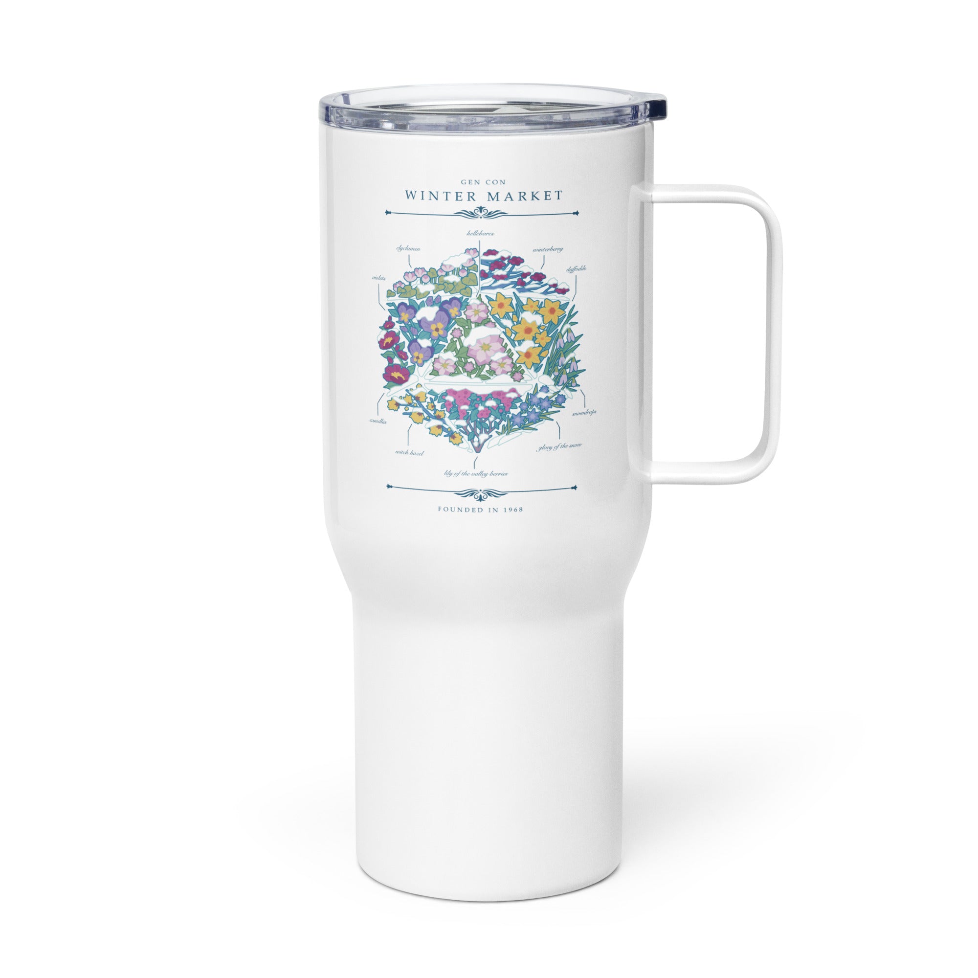 Gen Con Winter Floral d20 Travel Mug | Rollacrit