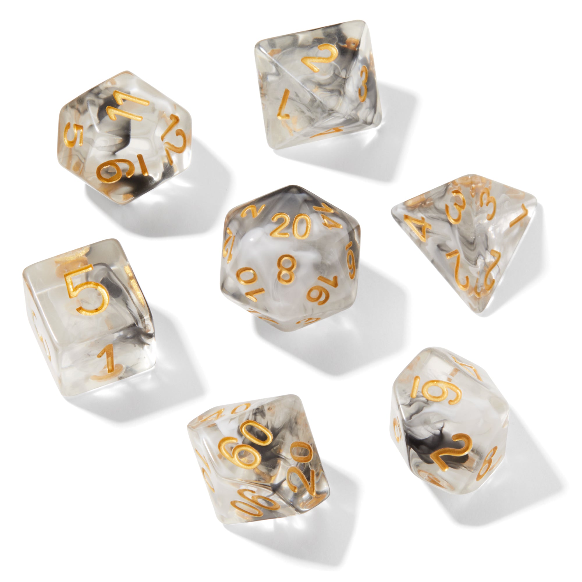 Black Smoke Swirl Clear Resin 7pc Dice Set | Rollacrit