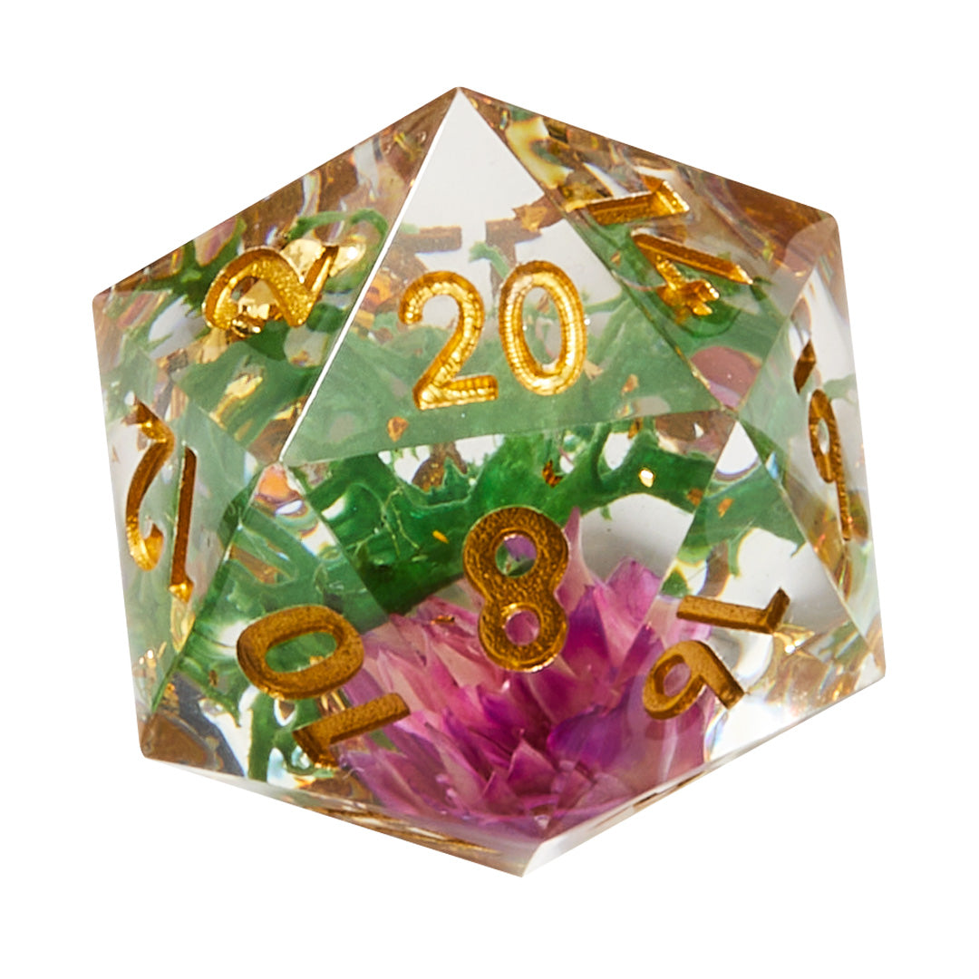 Purple & Green Timeless Flower Sharp Edge Resin Dice Set | Rollacrit