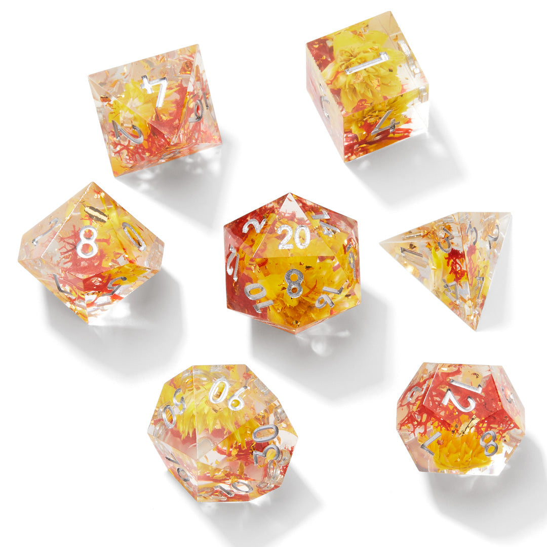 Yellow & Red Timeless Flower Sharp Edge Resin 7pc Dice Set | Rollacrit